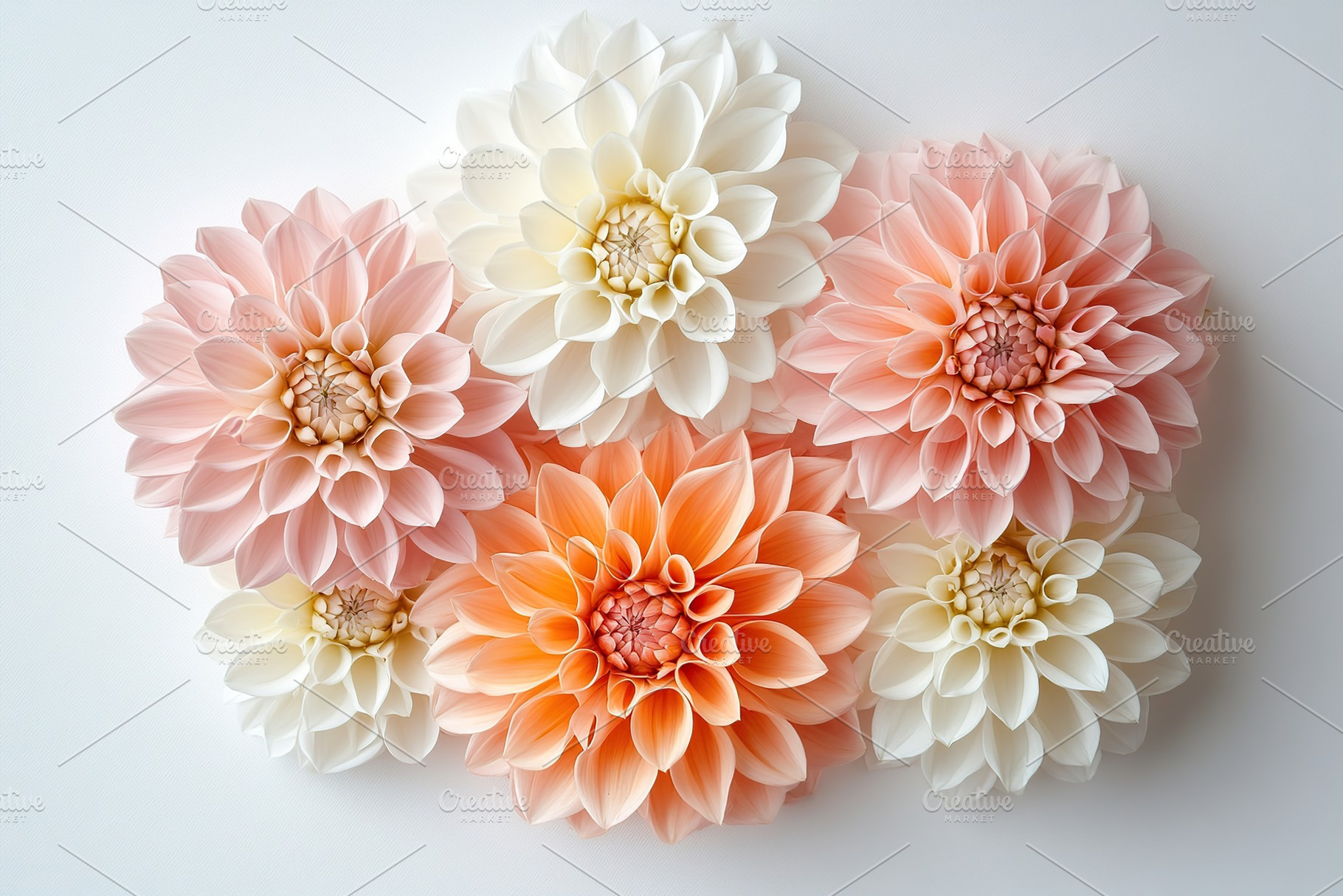 Beautiful arrangement of pink, orange, and white dahlias on a soft background, a Nature Photo by AlyaAnd