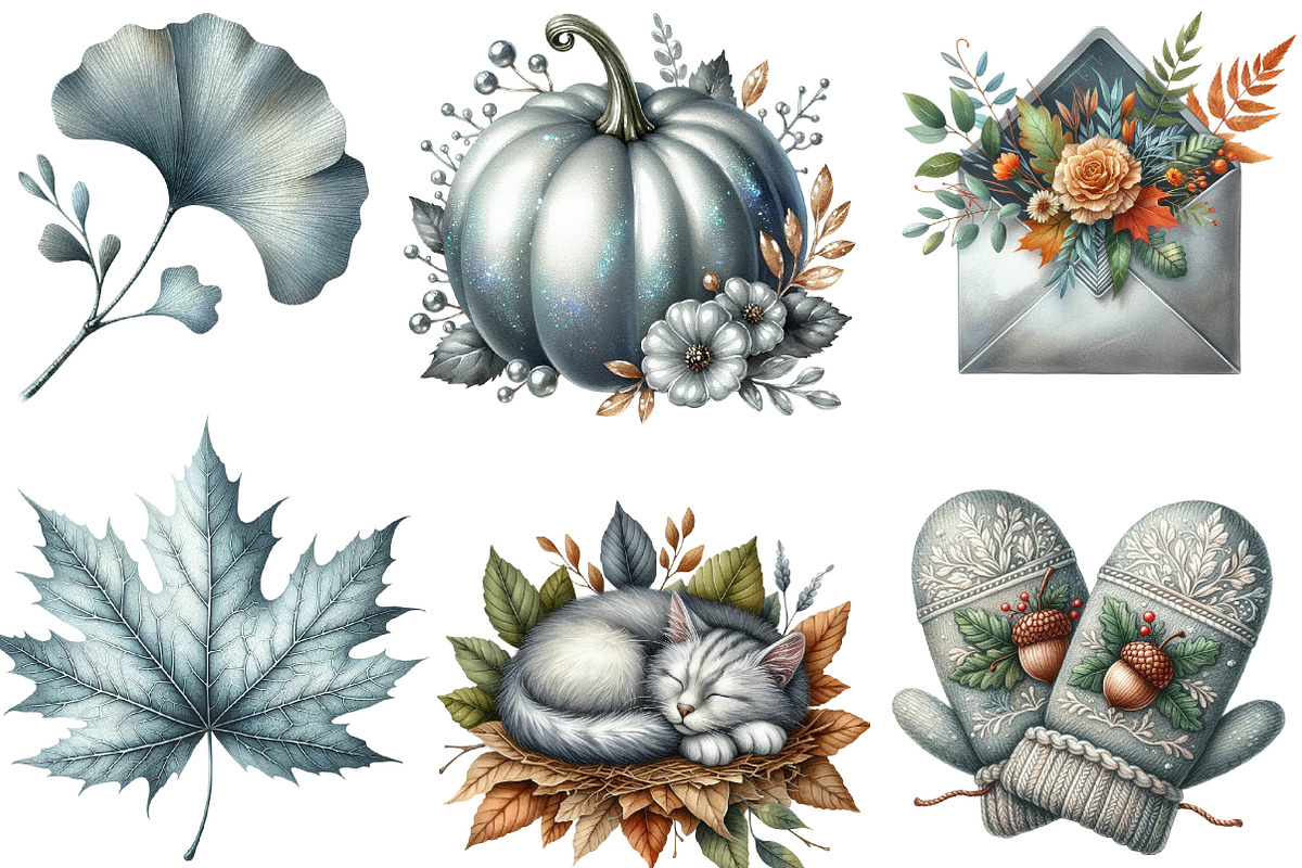 Watercolor Silver Autumn Clipart, an Illustration by Designking (Photo 3 of 4)