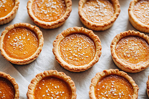 Delicious pumpkin tarts arranged on a baking tray ready for serving, a Food & Drink Photo by AlyaAnd