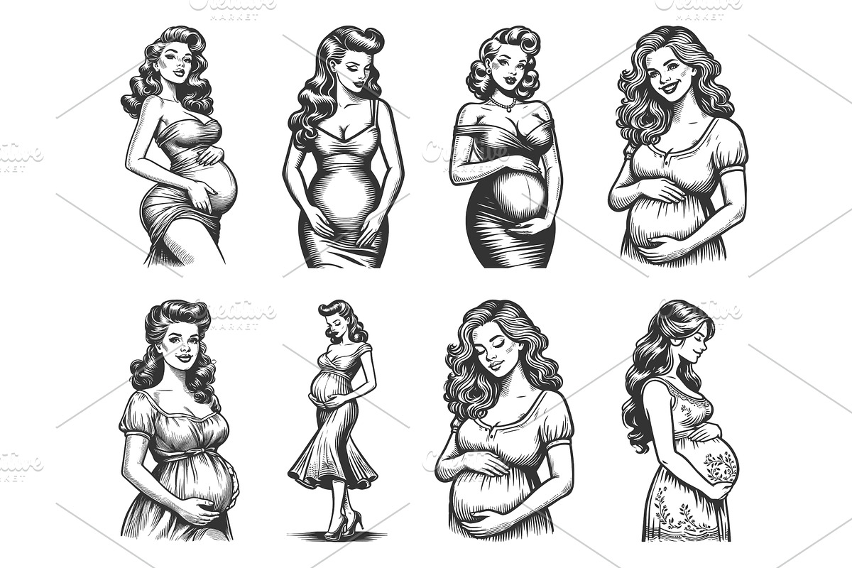Pregnant Woman engraving set vector, a Person Illustration by AlexArt