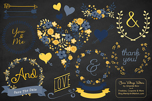 Navy & Yellow Floral Heart Clipart