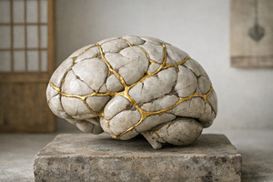 Kintsugi brain sculpture with gold r, a Photo by Dvoevnore photos