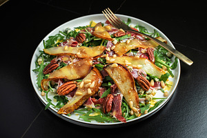 Salad with Pear, Arugula, Jamon, Blue Cheese and Blueberry, Deli, a Food & Drink Photo by Budarinphoto