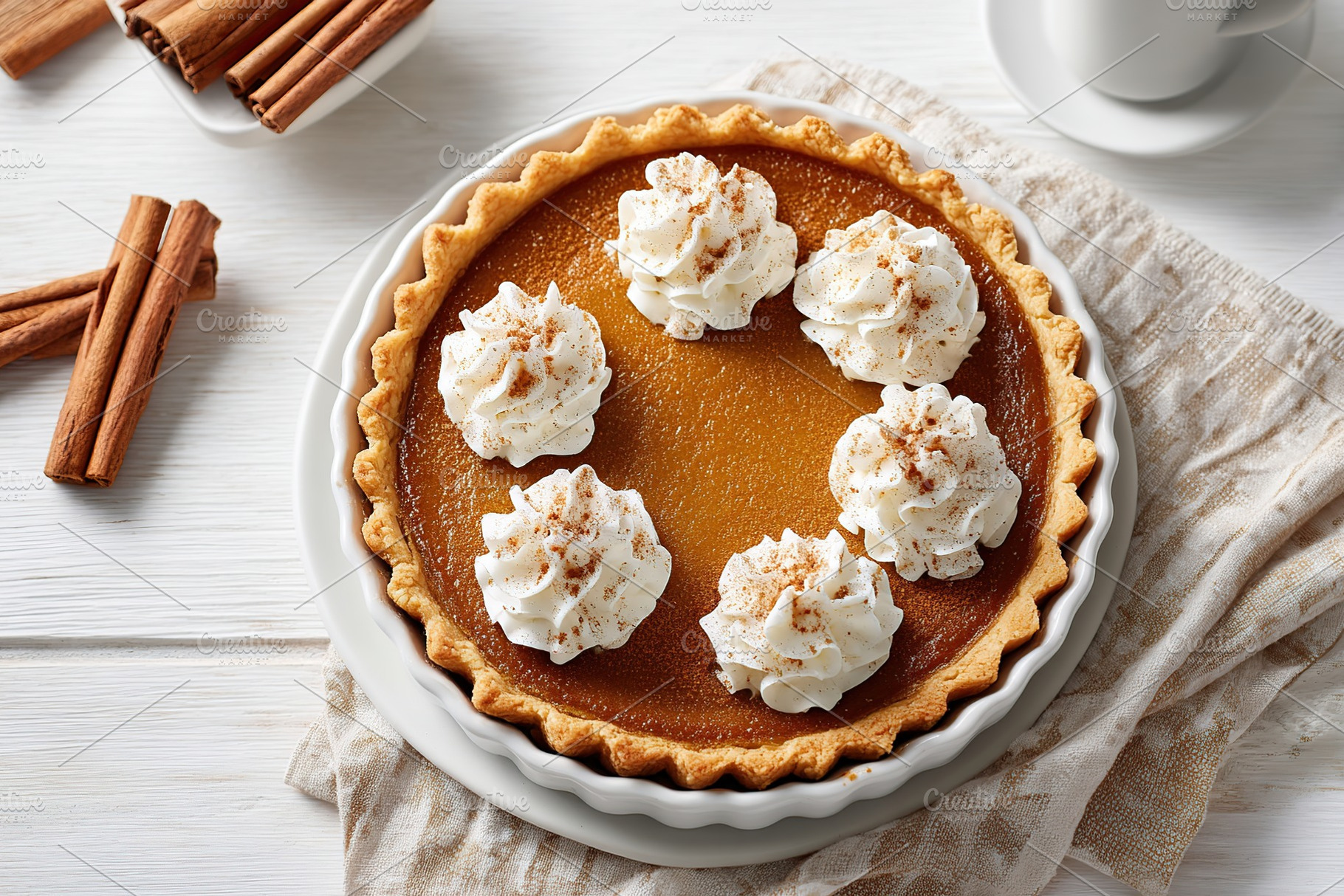 Festive pumpkin pie topped with whipped cream and cinnamon on a rustic table se, a Food & Drink Photo by AlyaAnd