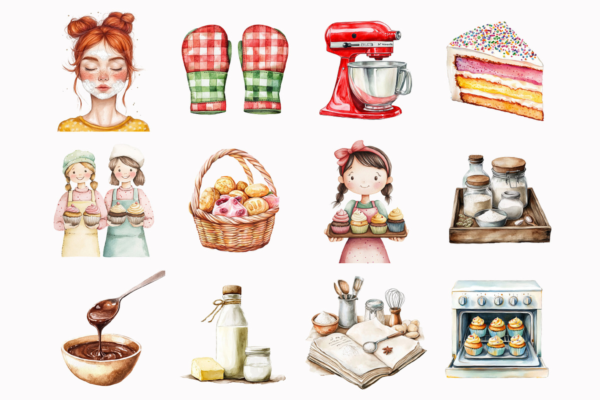 Watercolor Baking Party Clipart, an Illustration by Design Market (Photo 3 of 4)