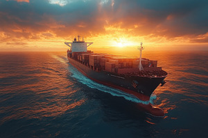 Cargo ship sails through ocean at su, a Photo by Tanuart