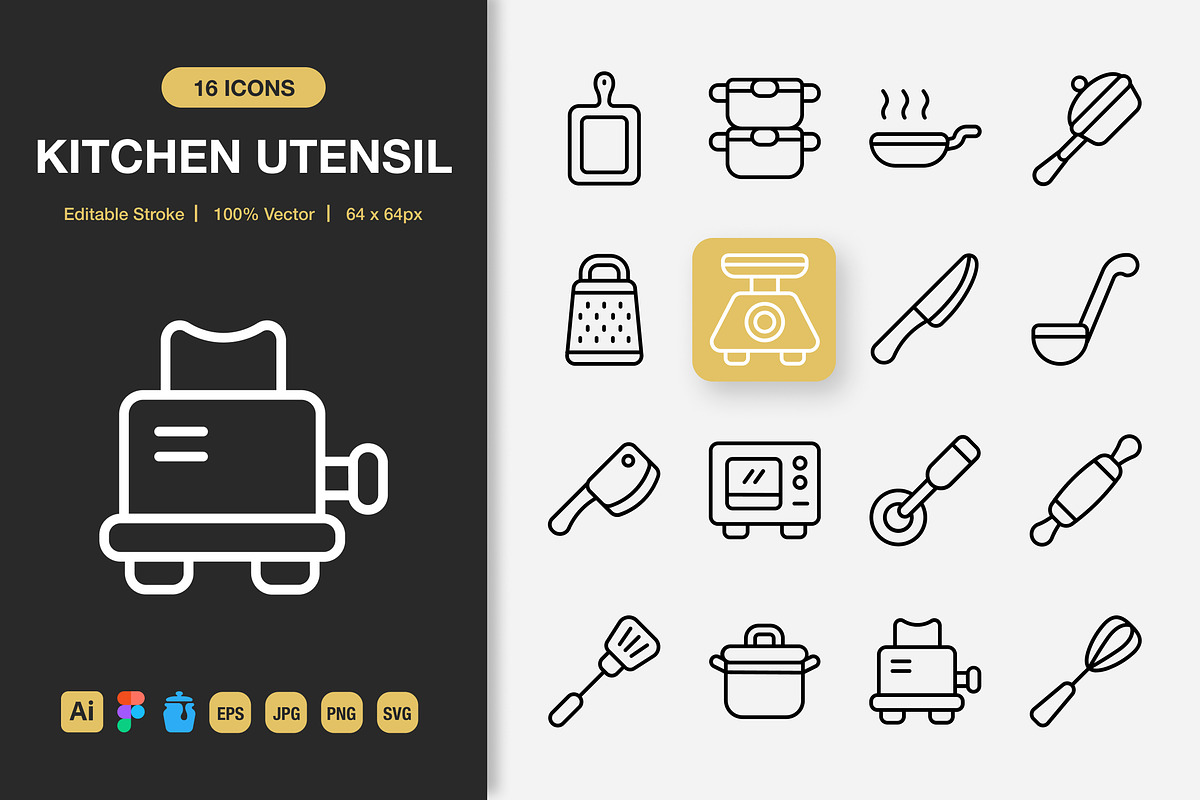 Kitchen Utensil Outline Icons, an Icon by Spacepixel Creative