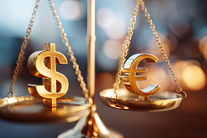 Gold balance scales with dollar and euro symbols, a Business Photo by AlyaAnd