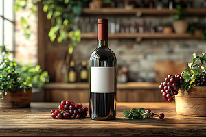 Blank label wine bottle set on wooden table with grapes and green plants in a r, a Food & Drink Photo by AlyaAnd