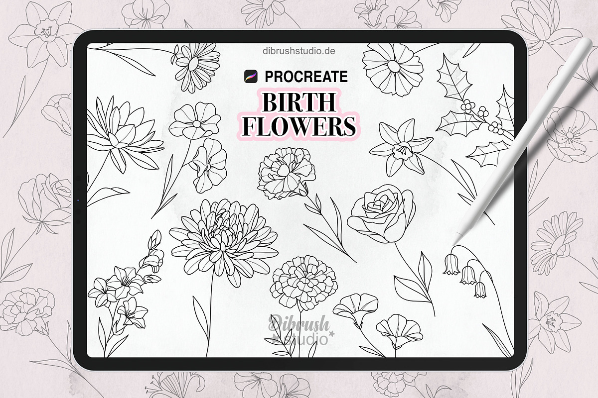 Procreate Birth Flowers Tattoo, a Brushes & More by DiBrush Studio (Photo 1 of 5)