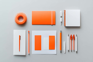 Bright orange stationery collection, a Photo by Tanuart