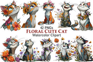 Floral Cute Cat Clipart, an Illustration by Pixels.Craft