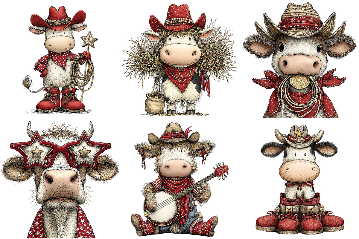 Funny Western Cows Clipart, an Illustration by Craft Nest (Photo 3 of 8)