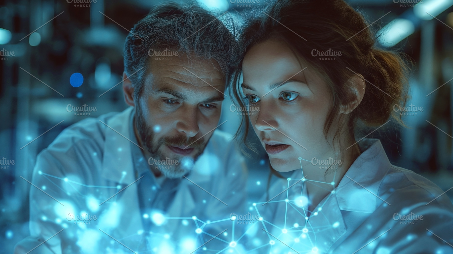 A focused male scientist and female researcher analyze glowing data in a labora, a Person Photo by ImageMir
