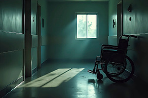 A dimly lit hospital room with an ol, a Photo by LOGOCREATIVE