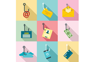 Phishing icon set, flat style, a Technology Illustration by Ylivdesign