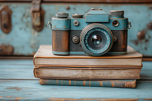 Vintage camera rests on stack of old, a Photo by Tanuart