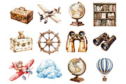 Watercolor Vintage Travel Clipart, a Seasonal Illustration by CitraGraphics (Thumbnail 2 of 4)
