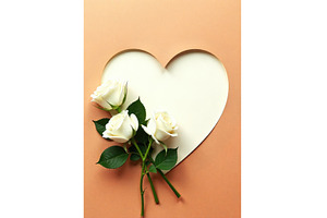 White roses with green leaves placed, a Background Photo by tilialucida