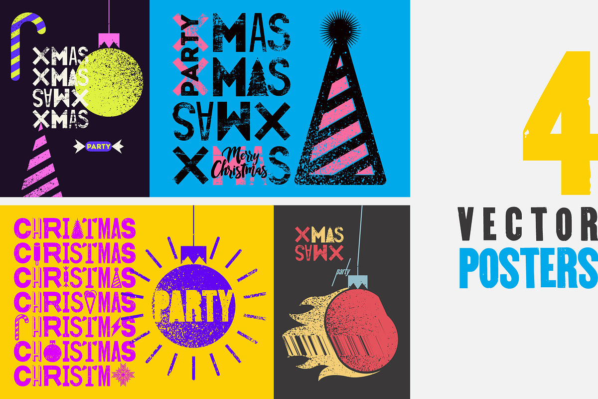 Xmas Party grunge vector poster set., a Seasonal Illustration by PoPaShop (Photo 1 of 5)