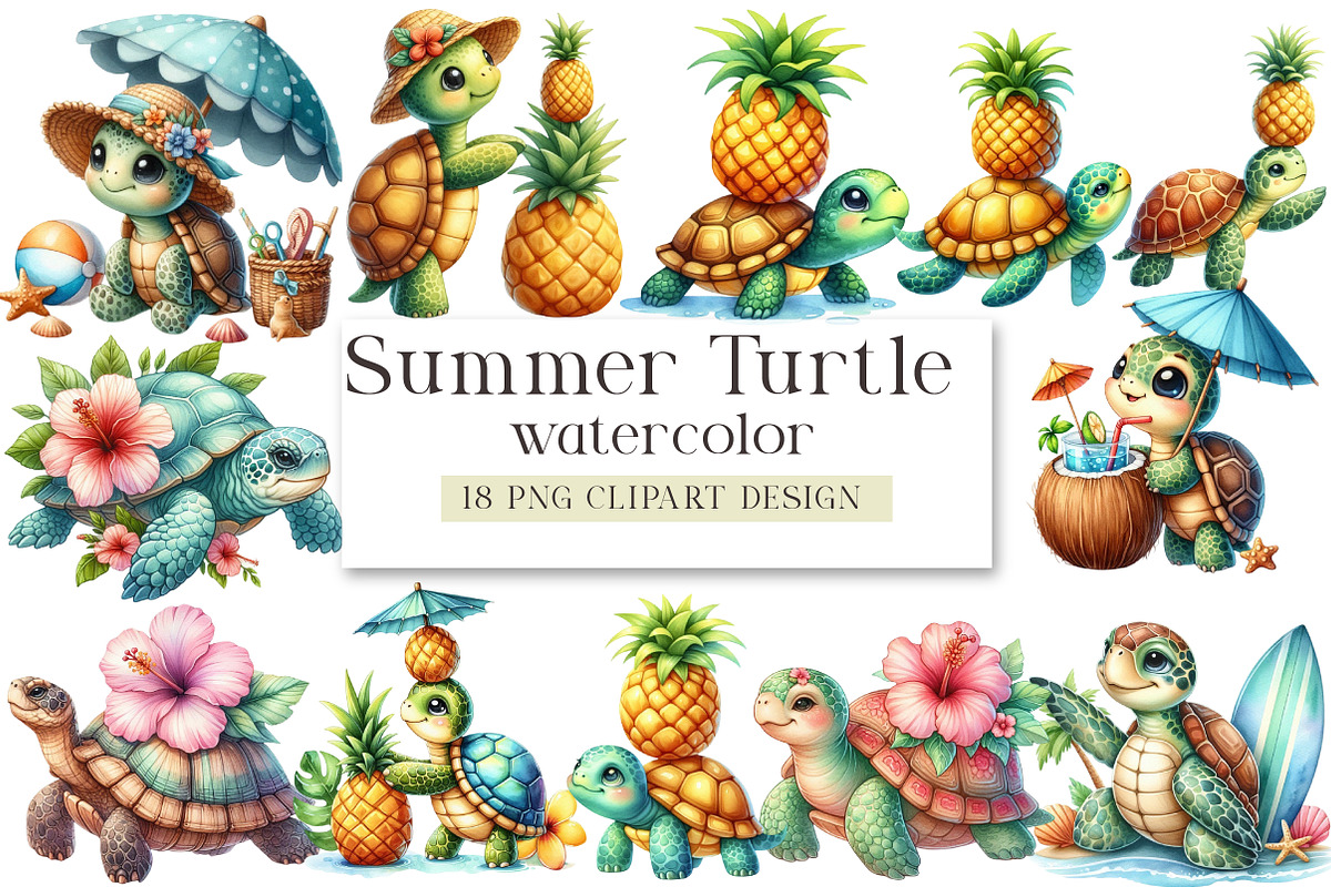 Watercolor Summer Turtle Clipart, a Seasonal Illustration by DreamArtGraphic (Photo 1 of 4)