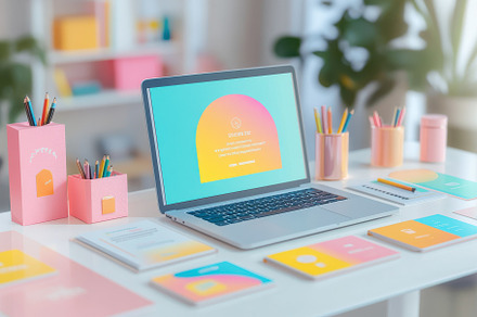 Laptop and stationery on a desk past, a Background Photo by Pixeness