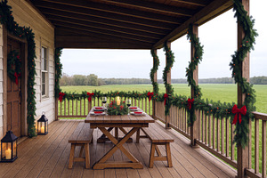 Christmas-themed porch with festive garlands and holiday table s, a Photo by Dvoevnore photos