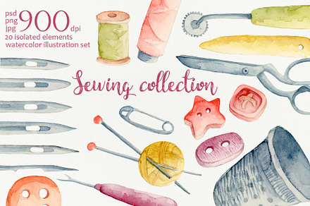 Sewing watercolor clipart collection