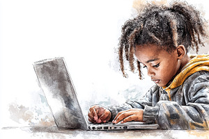 Curious young boy with dreadlocks typing on a laptop computer, an Illustration by AS photostudio