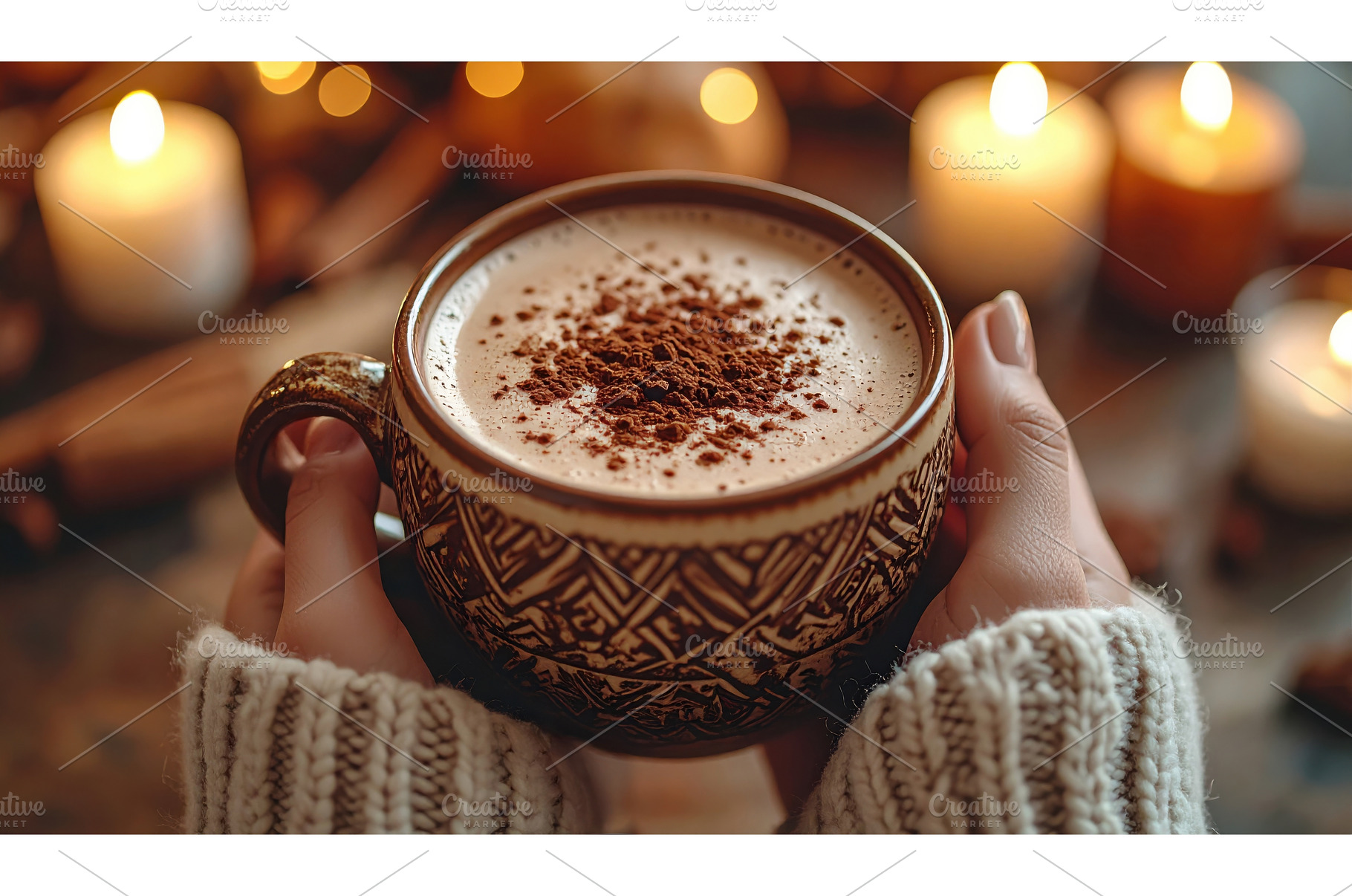 Hands holding a rustic mug of creamy, a Food & Drink Photo by Igor Tichonow