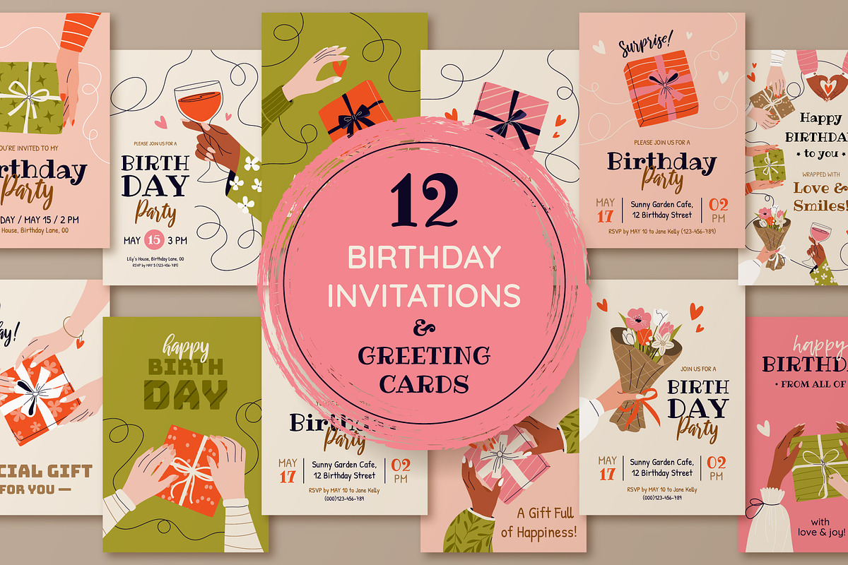 12 Birthday Greeting Cards, a Person Illustration by IuliiaSavko (Photo 1 of 8)