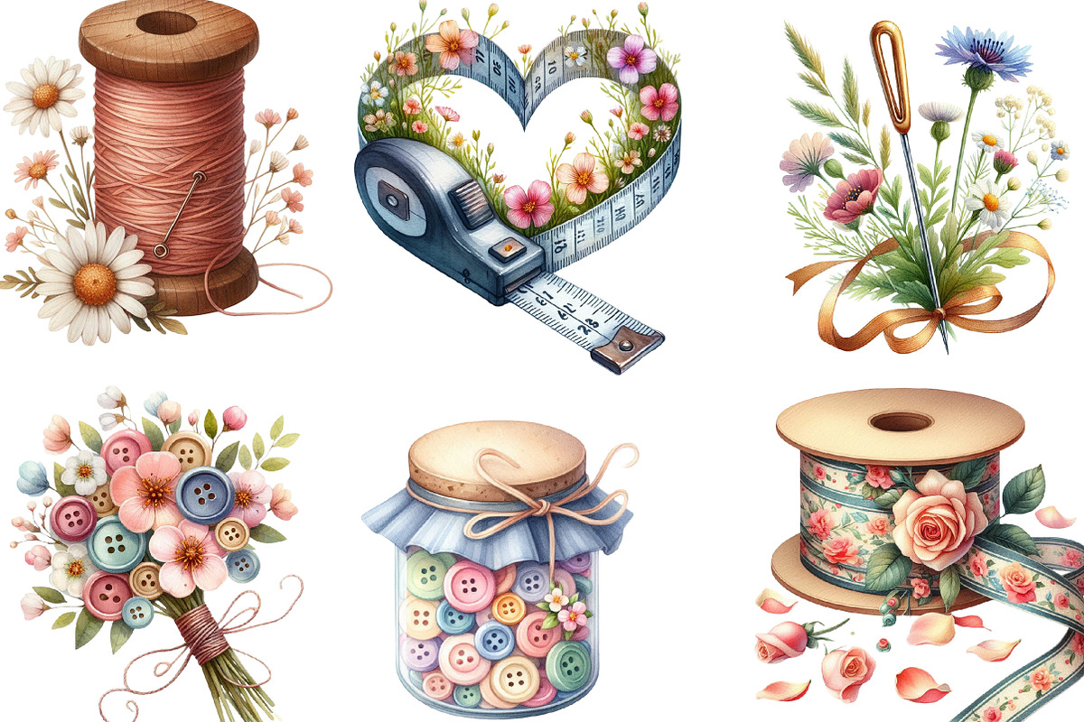 Floral Sewing Sublimation Clipart, an Illustration by Designking (Photo 3 of 4)