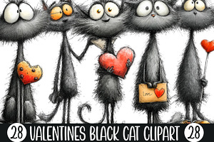 Valentines Black Cat Clipart, an Illustration by Designking