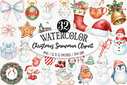Watercolor Christmas Snowman Clipart, an Illustration by Designking (Thumbnail 1 of 5)