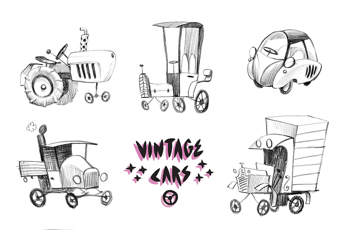 Sketchy vintage cars set, an Illustration by RasterBird (Photo 2 of 4)