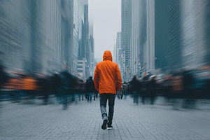 Man in Orange Jacket Walking City St, a Photo by Pixeness Studio