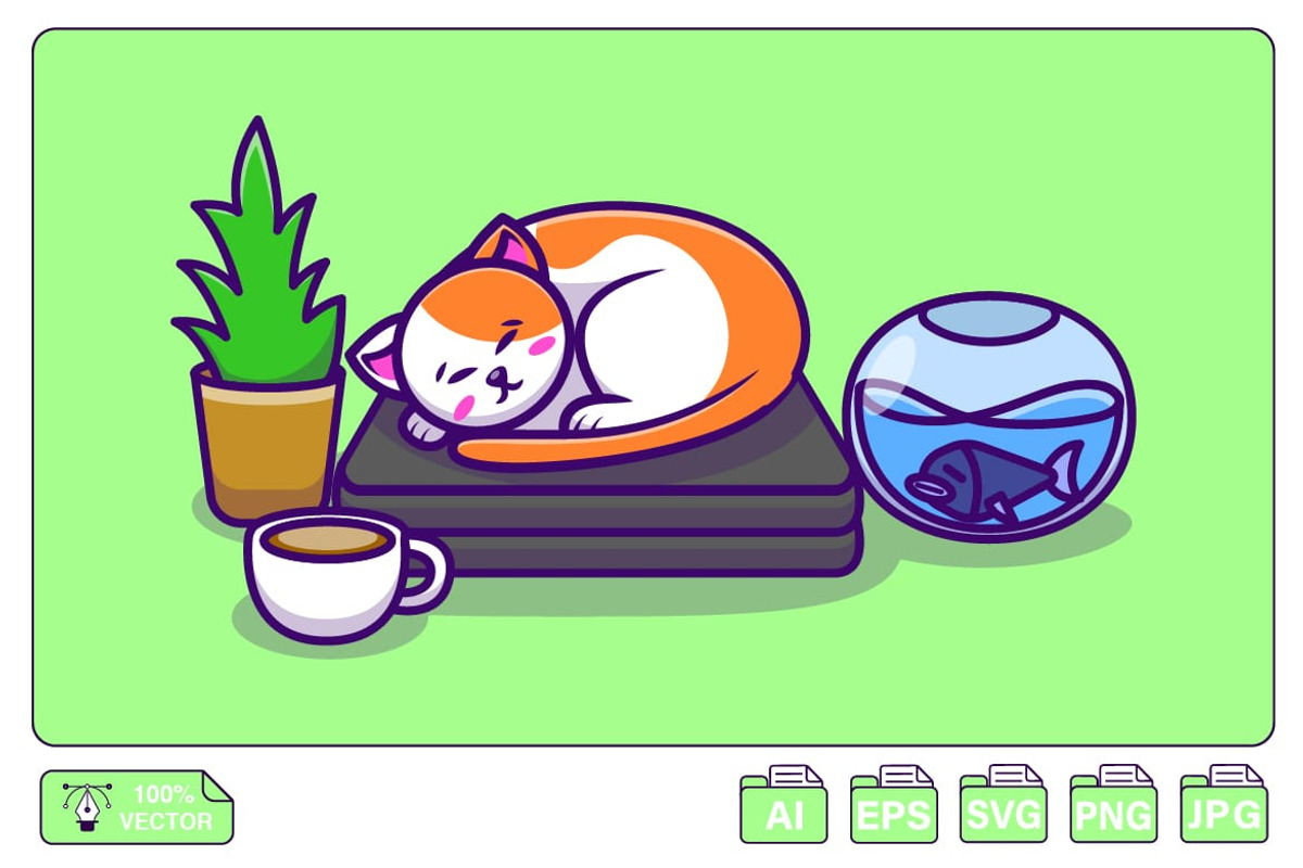 Cat Sleeping On Laptop Cartoon, an Animal Illustration by Artstorystudio (Photo 1 of 3)