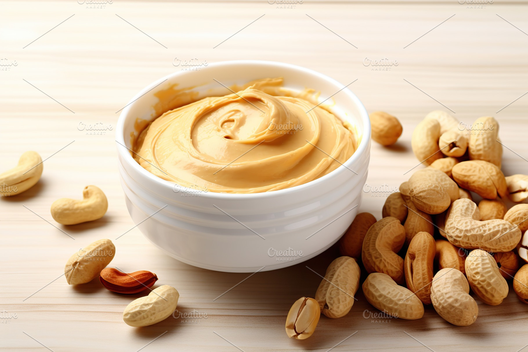Bowl with peanut butter on wooden background, a Food & Drink Photo by AlyaAnd