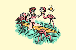 woman and flamingo on the beach, an Animal Illustration by gunaonedesign