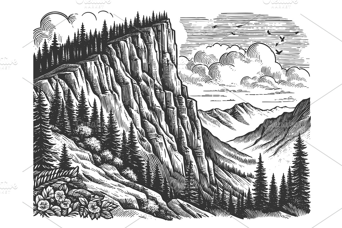 Rocky Mountain Landscape engraving, an Illustration by AlexArt