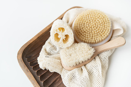 Zero waste, sustainable bathroom and lifestyle. Bamboo brush,, loofah sponge, c, a Health & Medical Photo by Artsaba Family