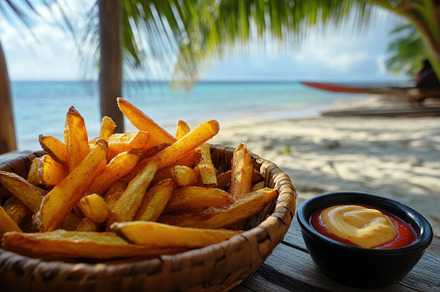 Delicious golden fries served with t, a Photo by Tanuart