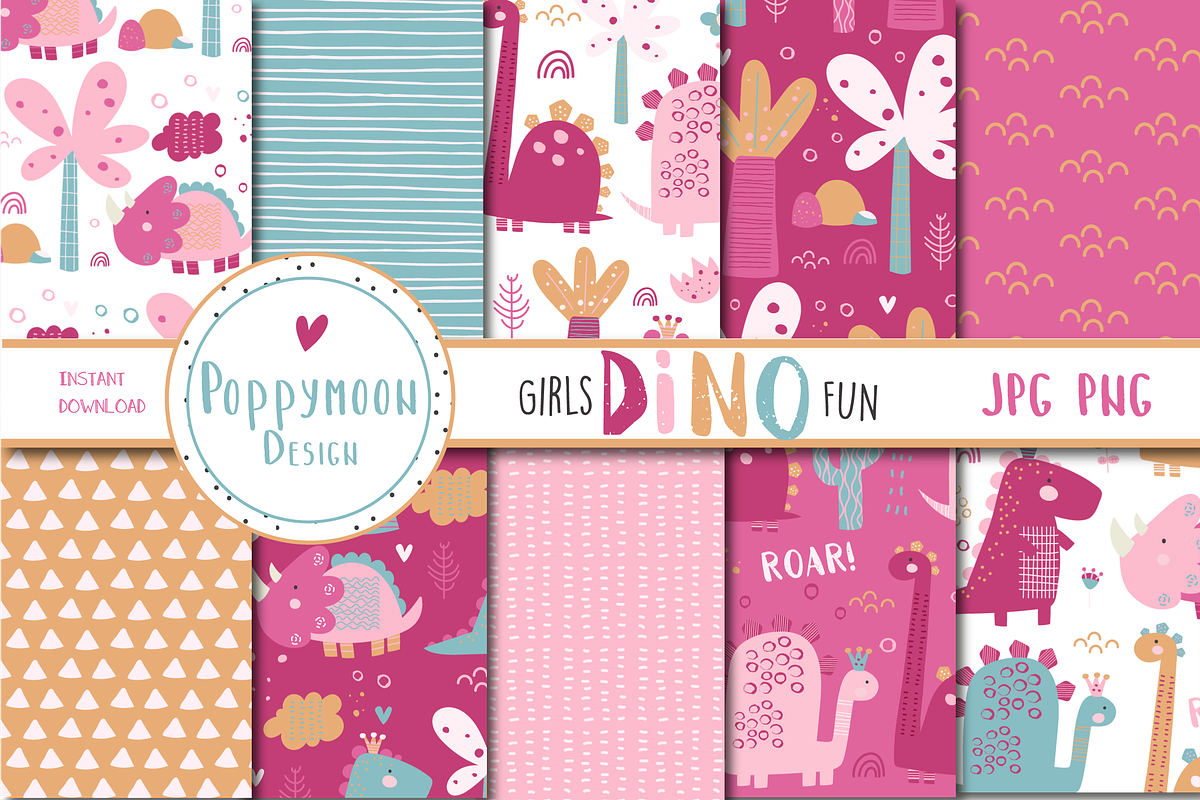 Girls Dino fun paper, a Pattern Graphic by Poppymoondesign (Photo 1 of 3)