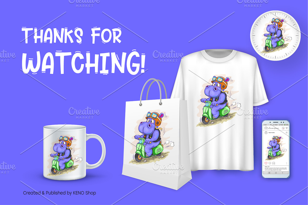 Cartoon hippo motorcyclist. Tshirt, an Animal Illustration by KENO Mascots (Photo 7 of 7)