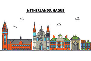 Netherlands, Hague. City Skyline: Architecture, Buildings, Streets, Silhouette, Landscape, Panorama, Landmarks. Editable Strokes. Flat Design Line Vec