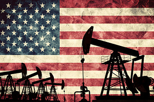 Oil pump jack on flag of USA., an Industrial Photo by Photocreo Michal Bednarek