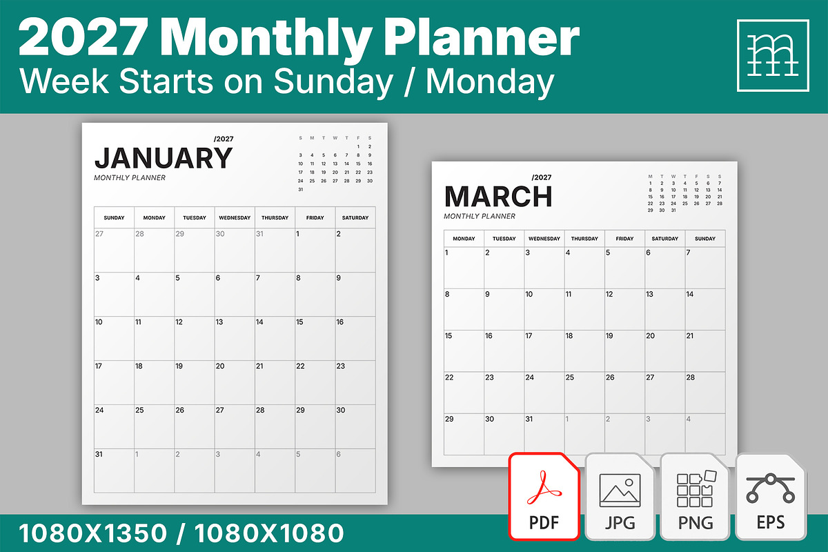 2027 Monthly Planner (MP049-27-post), a Social Media Template by mikhailmorosin (Photo 1 of 4)