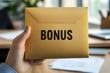 Employee Holding Bonus Envelope in a Modern Office Setting