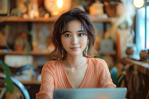 A young Asian woman with wavy hair, smiling warmly in a cozy caf, a Person Photo by ImageMir
