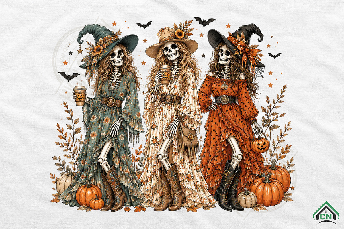 Halloween Skeleton Witch Women, a Seasonal Illustration by Craft Nest (Photo 1 of 6)